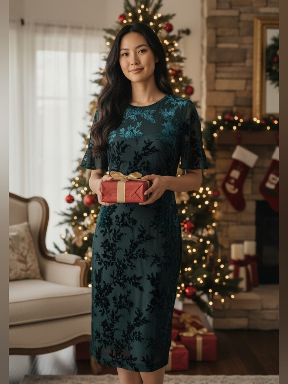 Calvin Klein Forest Green 4 Velvet Burnout Floral Holiday Party Dress